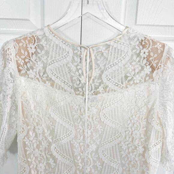 Carol Peretz I. Magnin Vintage Ivory Midi Length Lace Dress Ruffled Satin Hem - Picture 6 of 11